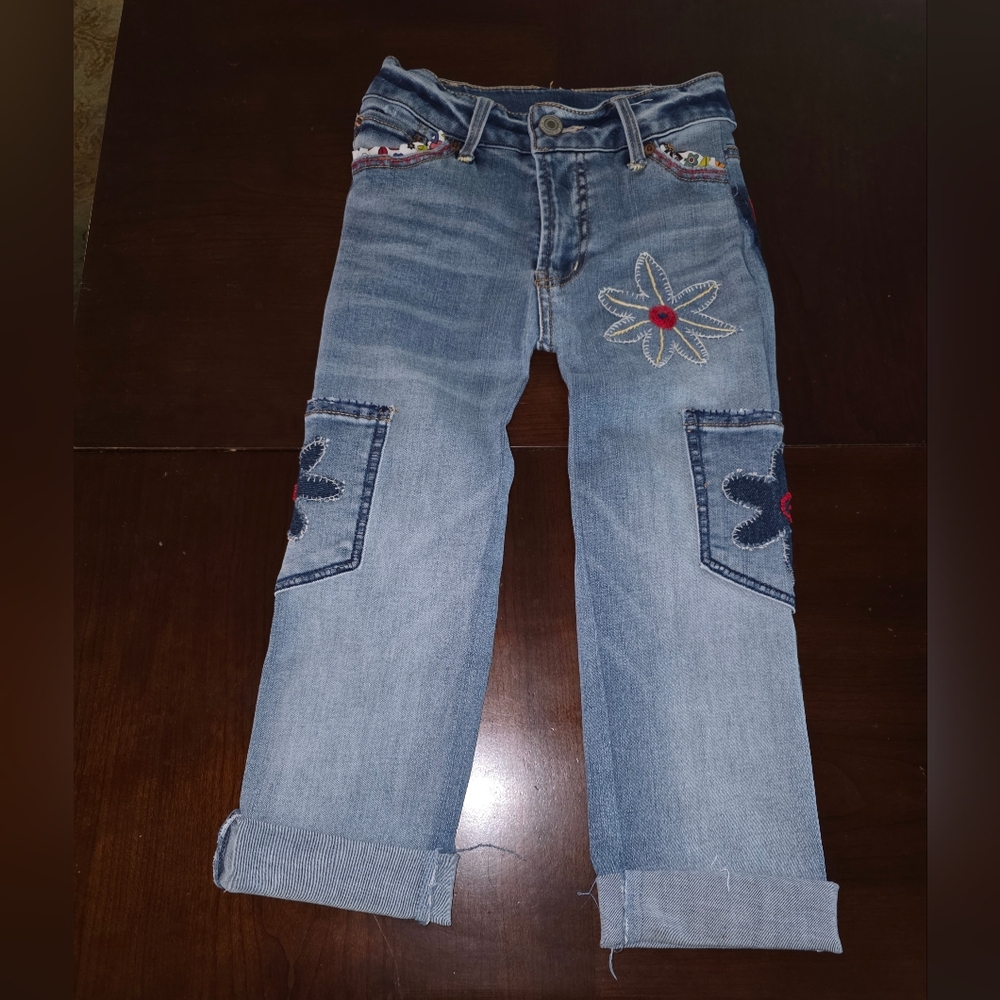 HAND CRAFTED  Girls Jeans UPCYCLED Denim Floral Patches Embroidery Size 4